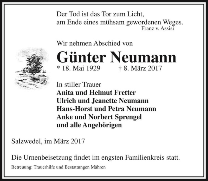  Traueranzeige für Günter Neumann  vom 10.03.2017 aus Magdeburger Volksstimme