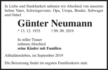 Traueranzeige von Günter Neumann  von Magdeburger Volksstimme