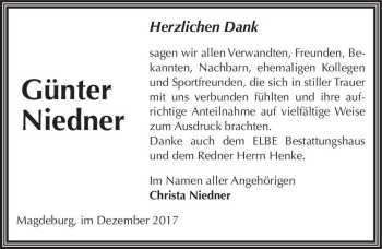Traueranzeige von Günter Niedner  von Magdeburger Volksstimme