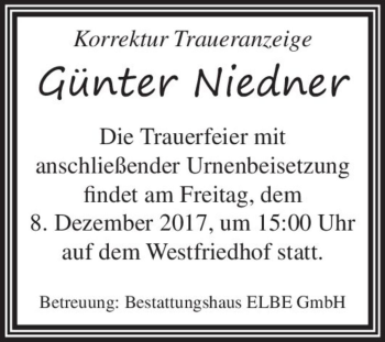 Traueranzeige von Günter Niedner  von Magdeburger Volksstimme