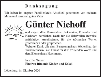 Traueranzeige von Günter Niehoff  von Magdeburger Volksstimme