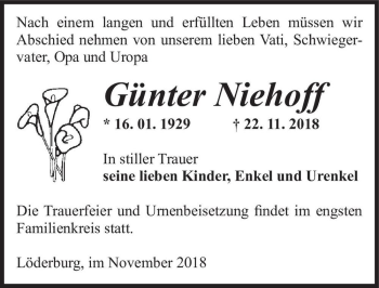 Traueranzeige von Günter Niehoff  von Magdeburger Volksstimme