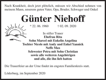 Traueranzeige von Günter Niehoff  von Magdeburger Volksstimme