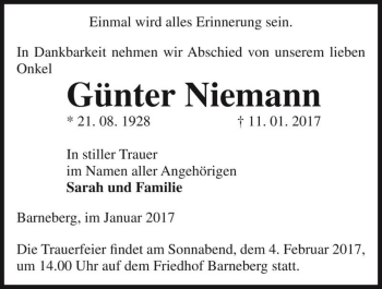 Traueranzeige von Günter Niemann  von Magdeburger Volksstimme