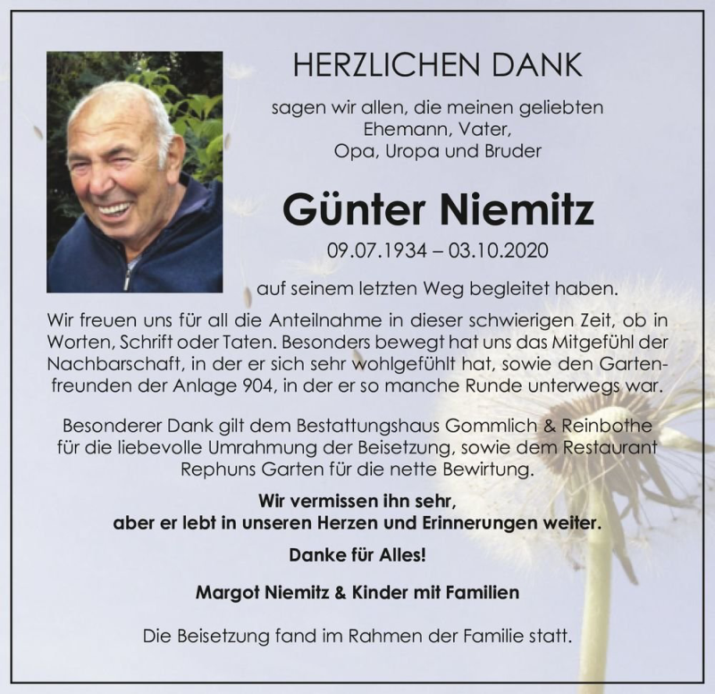  Traueranzeige für Günter Niemitz  vom 07.11.2020 aus Magdeburger Volksstimme