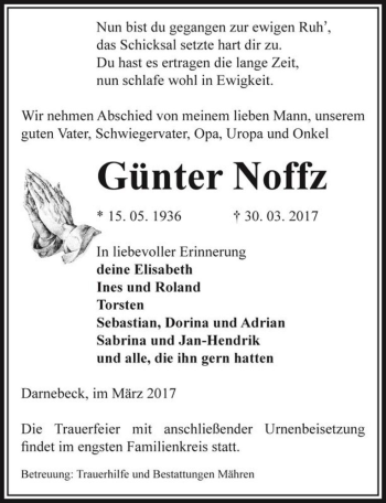 Traueranzeige von Günter Noffz  von Magdeburger Volksstimme