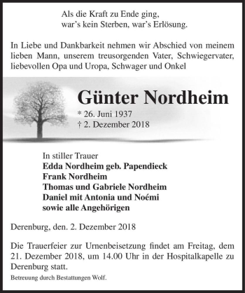 Traueranzeige von Günter Nordheim  von Magdeburger Volksstimme