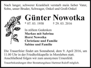 Traueranzeige von Günter Nowotka  von Magdeburger Volksstimme