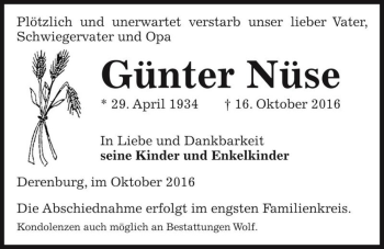 Traueranzeige von Günter Nüse  von Magdeburger Volksstimme