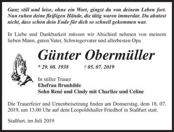 Traueranzeige von Günter Obermüller  von Magdeburger Volksstimme