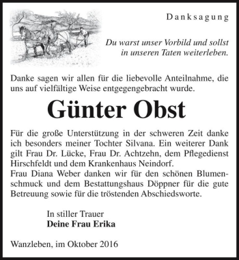 Traueranzeige von Günter Obst  von Magdeburger Volksstimme