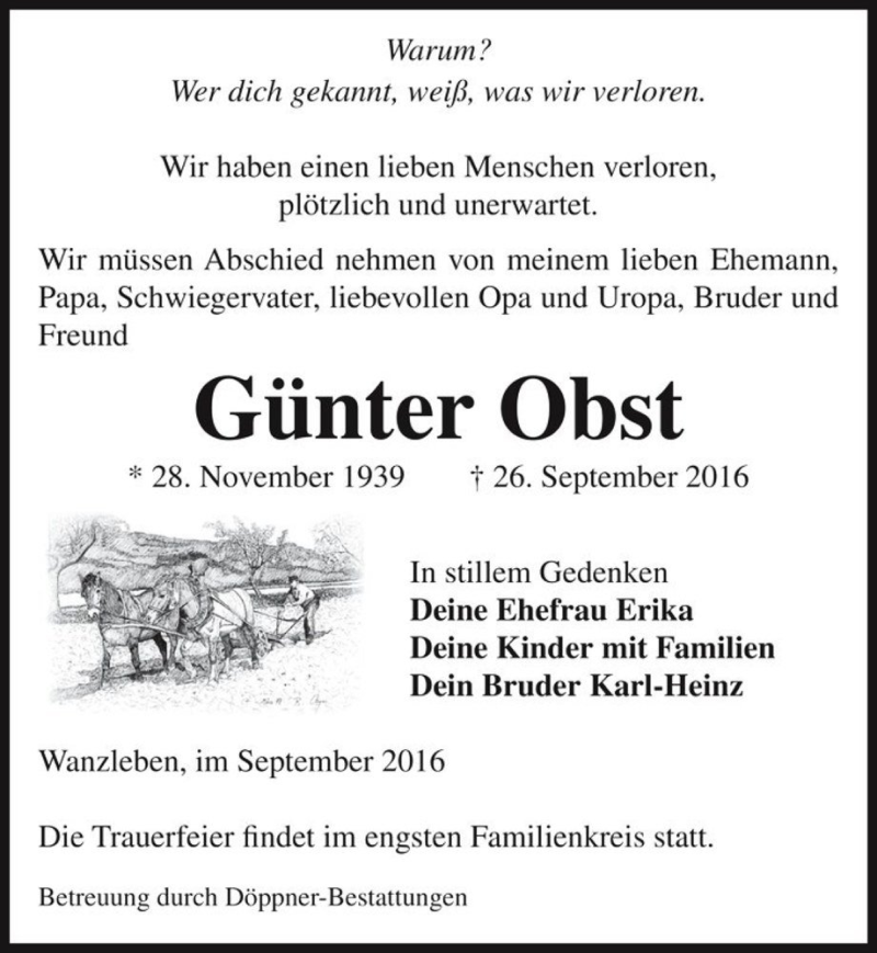  Traueranzeige für Günter Obst  vom 29.09.2016 aus Magdeburger Volksstimme