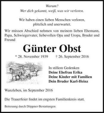 Traueranzeige von Günter Obst  von Magdeburger Volksstimme