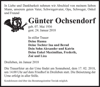 Traueranzeige von Günter Ochsendorf  von Magdeburger Volksstimme