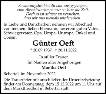 Traueranzeige von Günter Oeft  von Magdeburger Volksstimme
