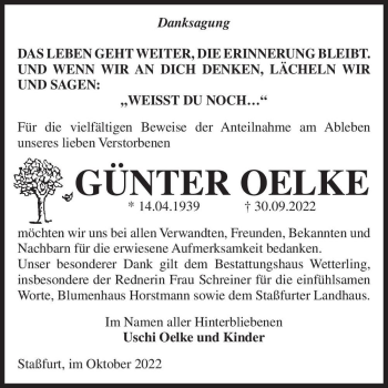 Traueranzeige von Günter Oelke  von Magdeburger Volksstimme