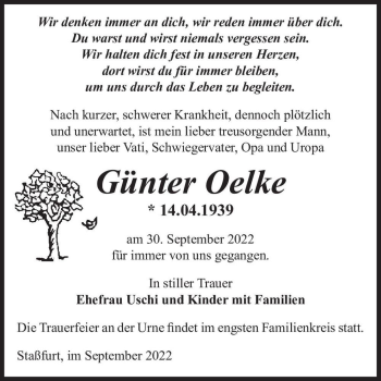 Traueranzeige von Günter Oelke  von Magdeburger Volksstimme