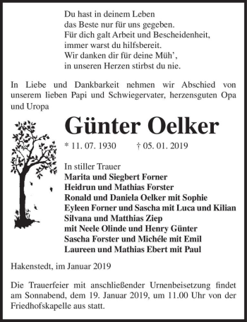Traueranzeige von Günter Oelker  von Magdeburger Volksstimme