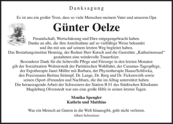 Traueranzeige von Günter Oelze  von Magdeburger Volksstimme