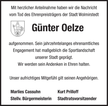 Traueranzeige von Günter Oelze  von Magdeburger Volksstimme