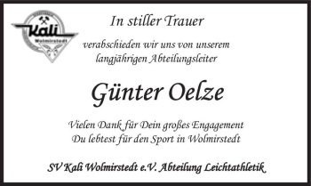 Traueranzeige von Günter Oelze  von Magdeburger Volksstimme
