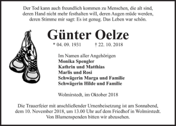 Traueranzeige von Günter Oelze  von Magdeburger Volksstimme
