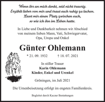 Traueranzeige von Günter Ohlemann  von Magdeburger Volksstimme