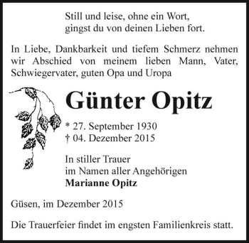 Traueranzeige von Günter Opitz  von Magdeburger Volksstimme