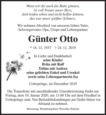 Traueranzeige von Günter Otto  von Magdeburger Volksstimme