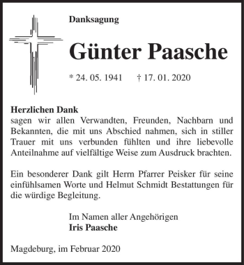 Traueranzeige von Günter Paasche  von Magdeburger Volksstimme