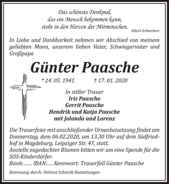 Traueranzeige von Günter Paasche  von Magdeburger Volksstimme