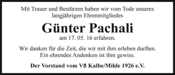 Traueranzeige von Günter Pachali  von Magdeburger Volksstimme