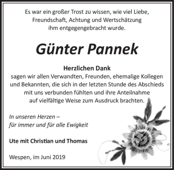 Traueranzeige von Günter Pannek  von Magdeburger Volksstimme