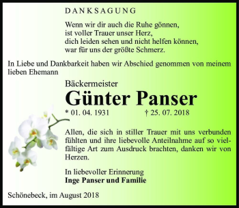 Traueranzeige von Günter Panser  von Magdeburger Volksstimme