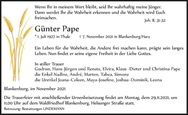  Traueranzeige für Günter Pape  vom 13.11.2021 aus Magdeburger Volksstimme