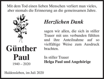 Traueranzeige von Günter Paul  von Magdeburger Volksstimme