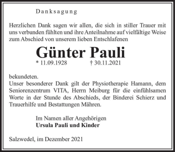 Traueranzeige von Günter Pauli  von Magdeburger Volksstimme