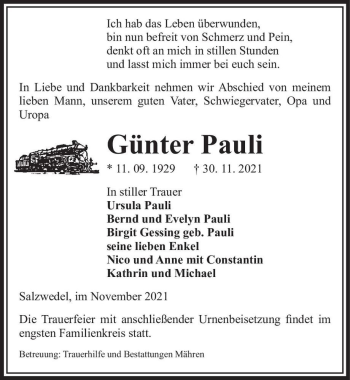 Traueranzeige von Günter Pauli  von Magdeburger Volksstimme