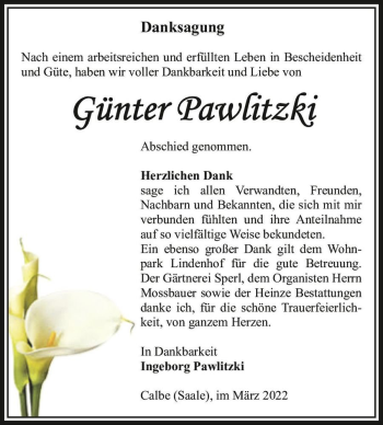 Traueranzeige von Günter Pawlitzki  von Magdeburger Volksstimme
