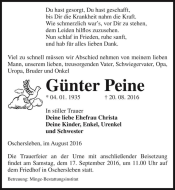 Traueranzeige von Günter Peine  von Magdeburger Volksstimme