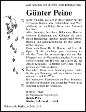 Traueranzeige von Günter Peine  von Magdeburger Volksstimme