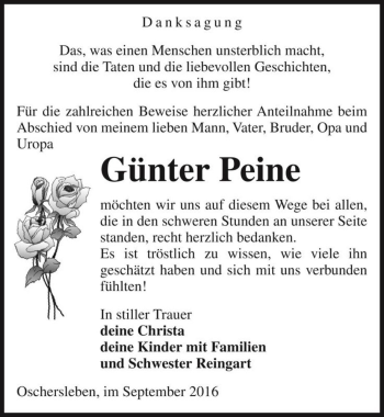 Traueranzeige von Günter Peine  von Magdeburger Volksstimme