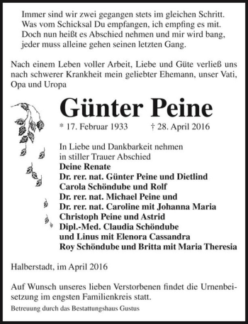 Traueranzeige von Günter Peine  von Magdeburger Volksstimme