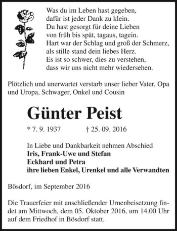 Traueranzeige von Günter Peist  von Magdeburger Volksstimme
