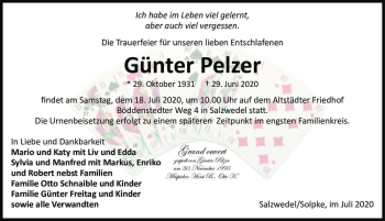 Traueranzeige von Günter Pelzer  von Magdeburger Volksstimme