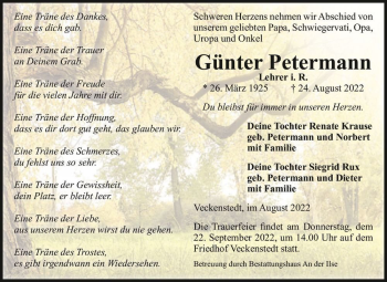 Traueranzeige von Günter Petermann  von Magdeburger Volksstimme