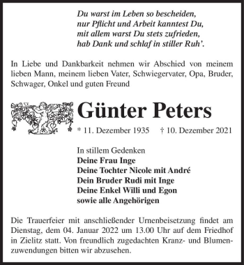 Traueranzeige von Günter Peters  von Magdeburger Volksstimme