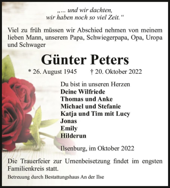 Traueranzeige von Günter Peters  von Magdeburger Volksstimme