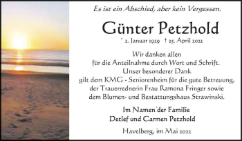 Traueranzeige von Günter Petzhold  von Magdeburger Volksstimme