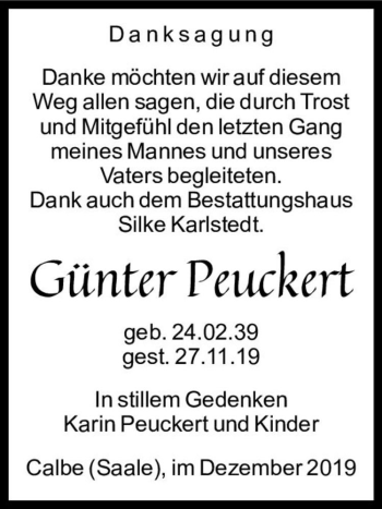 Traueranzeige von Günter Peuckert  von Magdeburger Volksstimme